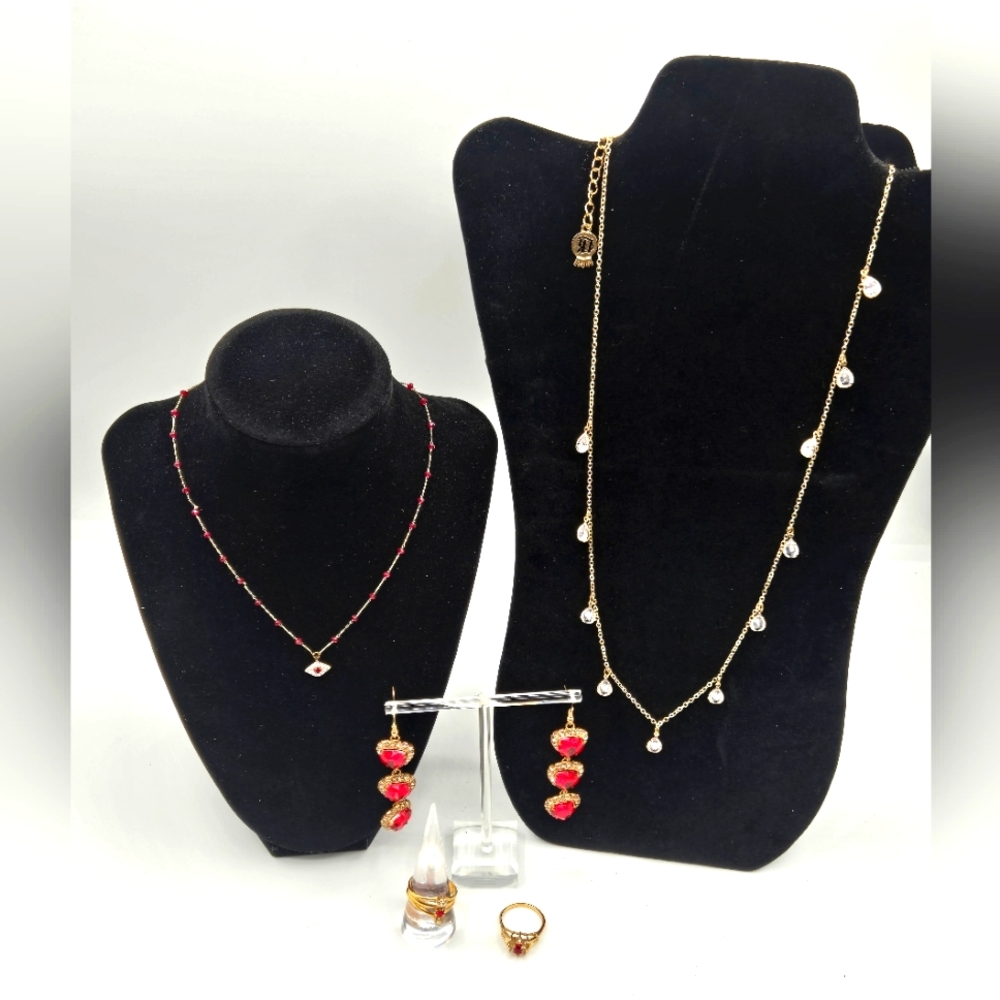 Jewelry Lot Red & Gold Faux Gemstones Heart Earrings NWT Necklace